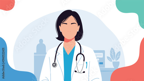 Professional female doctor wearing a white medical coat and stethoscope, standing confidently in a clinic environment.