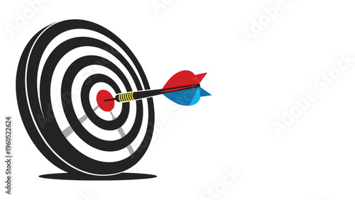 Target practice showing a colorful dart hitting the exact center of a black and white circular bullseye board.