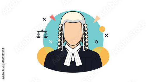 Legal professional depicted as a judge wearing a traditional barrister wig and black gown with a scales of justice icon.