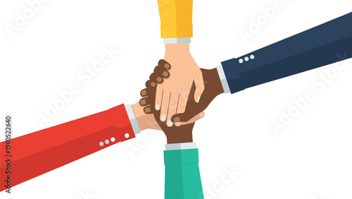 Diverse group of individuals placing their hands together in the center to symbolize unity, teamwork, and cooperation.