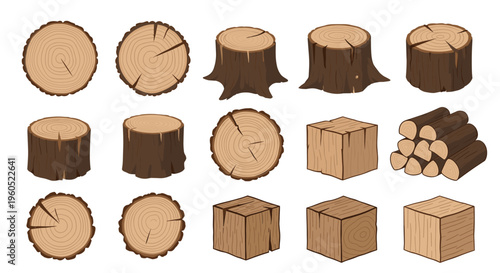 Diverse collection of wood blocks and log sections in different shapes and orientations for carpentry and industrial projects.