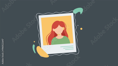 Stylized portrait of a young woman with long red hair framed within a polaroid-style instant photo with abstract shapes.