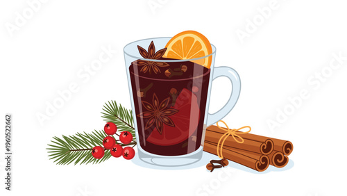 Warm mug of traditional mulled wine garnished with an orange slice, star anise, cinnamon sticks, and red berries.