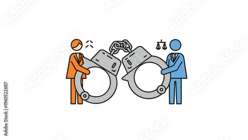 Two business professionals in suits connected by a pair of large handcuffs, symbolizing legal issues or partnership.