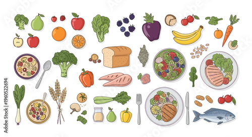 Healthy Food Assortment: Fruits, Vegetables, Meals, and Fish - Flat Illustration