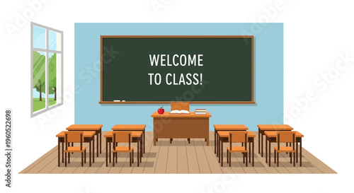 Empty Classroom with Welcome to Class Message on Blackboard and Desks