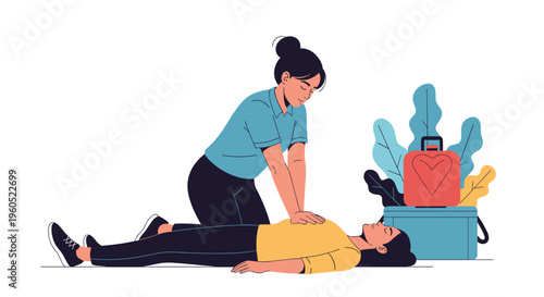 Emergency responder performing CPR on a person in distress with a first aid kit and heart icons in the background.