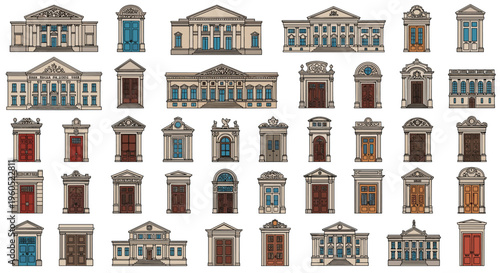 Extensive architectural collection of sketches showing historical building facades and classical door designs.