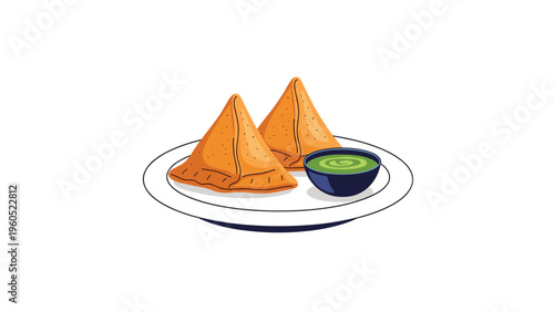 Two golden-brown samosas served on a white plate alongside a small bowl of green mint chutney for a delicious indian snack.