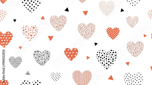 Seamless pattern featuring stylized hearts in coral, black, and tan with different textures like dots and lines on a white background.