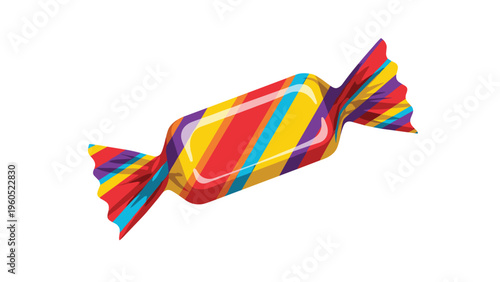 Wrapped candy piece with vibrant red, yellow, blue, and purple diagonal stripes rests against a clean white background.