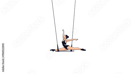 Circus acrobat in a black leotard performs a perfect split while suspended on a trapeze bar against a white background.
