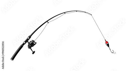 Modern black fishing rod complete with a spinning reel, line, red and white float, and a sharp hook ready for use.