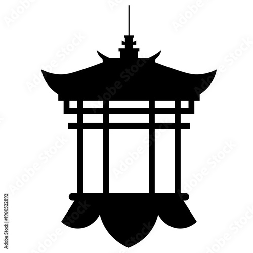  black silhouette of a decorative lantern designed to look like a traditional East Asian pagoda building, Chinese or Japanese architecture,  miniature pavilion,  Asian cultural theme, festival