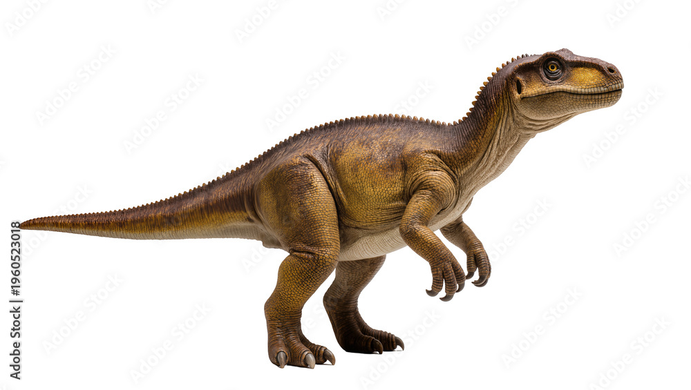 Obraz premium Powerful brown scaly bipedal dinosaur model with textured skin and sharp claws, isolated on transparent background