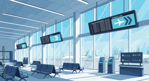 Interior view of a spacious modern airport terminal with departure board screens and empty seating areas.