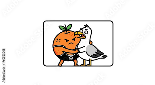Cartoon orange character in a funny struggle with a surprised seagull illustration on a white