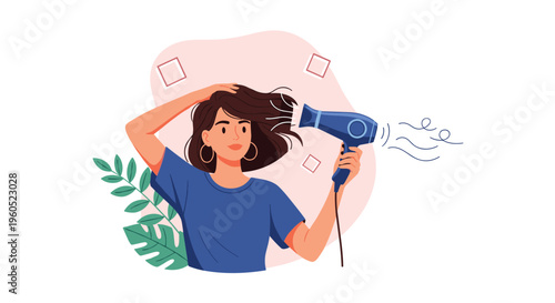 Young woman drying her hair with a blue blow dryer against a decorative background with leaves and squares.