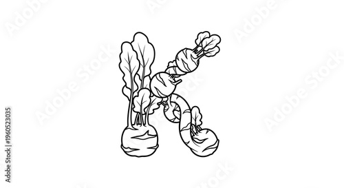 Charming monochrome illustration of the letter K creatively formed by fresh kohlrabi vegetables