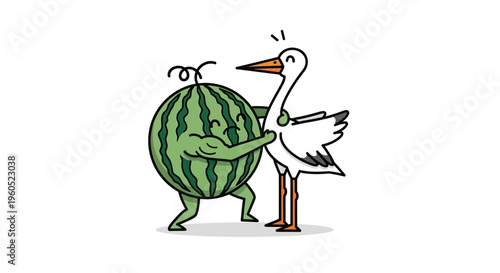 A cheerful cartoon watermelon with muscular arms embraces a smiling stork character, conveying a