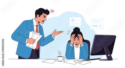 Angry male boss shouting and pointing at stressed female employee sitting at desk with laptop in corporate office environment.