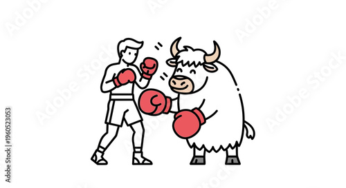 A captivating line art illustration depicting a boxer in a lighthearted sparring match against a