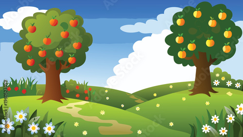 Cartoon illustration of fruit trees and a grassy landscape
