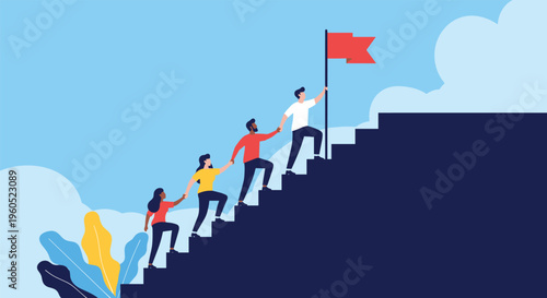Diverse group of professional business people helping each other climb up large stairs to reach a red success flag on top.