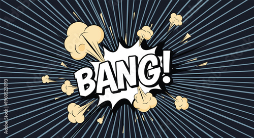 Comic book style speech bubble with the word bang and explosive smoke clouds on a dark radial background.