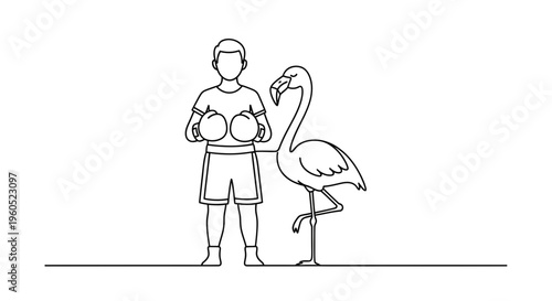 Minimalist line illustration of a boxer with gloves standing alongside a graceful flamingo in