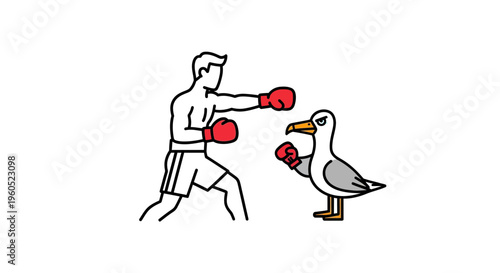 Comical line art illustration of a human boxer engaging in a funny fight with a determined seagull
