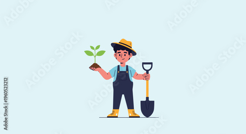 Young boy dressed as a farmer wearing a hat and overalls holding a small green plant and a shovel for gardening.