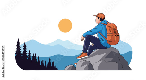 Hiker with a backpack sitting on a rock and looking at the beautiful mountain landscape during a golden sunset.