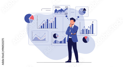 Executive businessman standing thoughtfully and analyzing complex financial charts, graphs, and statistical data.