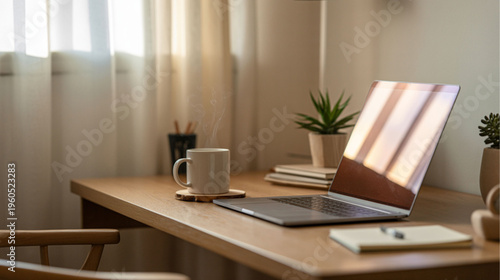 Home office workspace, modern laptop setup, desk with coffee cup, minimalist interior, productive environment