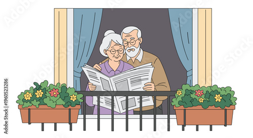 Happy elderly couple standing on a balcony with flowers while reading a newspaper together in the morning.