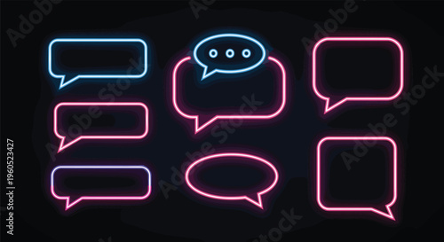 Large collection of various colorful neon speech bubbles and message icons glowing against a dark black background.