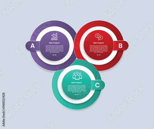 Circle base infographic with glossy gradient style with big circle with goals shape layer and round rectangle badge with three segment information
