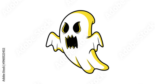 Scary cartoon ghost character with open mouth and sharp teeth, white background