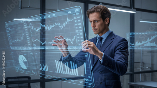 Businessman interacting with virtual data, futuristic graphs and charts, analytics and statistics, digital interface