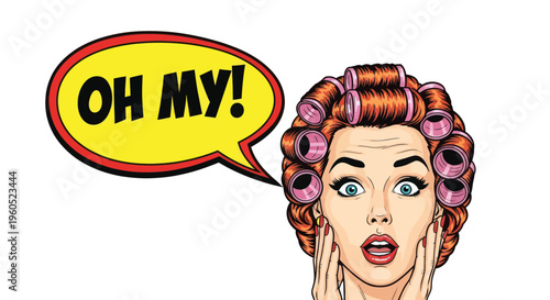 Surprised Woman with Hair Rollers Exclaims "Oh My!" in Pop Art Style