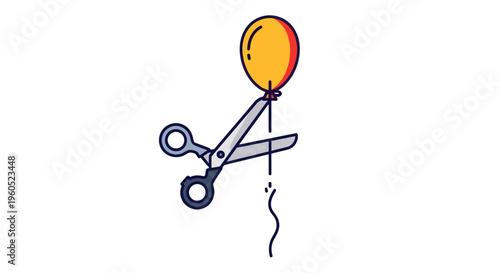 Scissors cutting balloon string, concept of freedom, release, or end of celebration