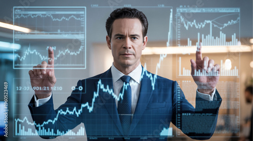 Businessman interacting with virtual data, graphs, and charts, finance and technology concept, office background