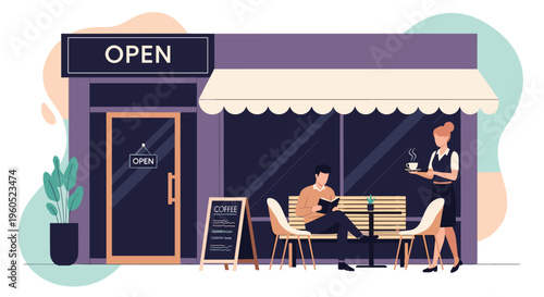 Modern coffee shop exterior with a person reading on the bench and a professional waitress serving coffee outdoors.