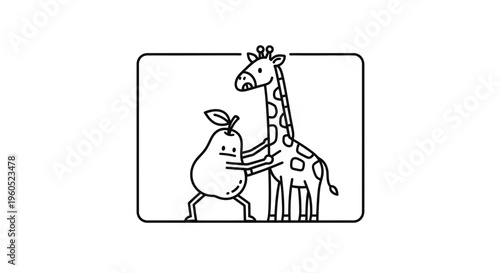Whimsical line art illustration of a cheerful pear playfully interacting with a spotted giraffe