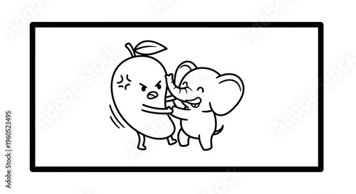 Playful interaction between a mischievous baby elephant and a comically frustrated mango fruit