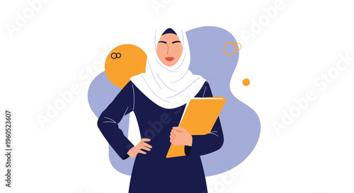 Professional Muslim woman wearing a white hijab and blue dress holding a yellow folder on an abstract background.