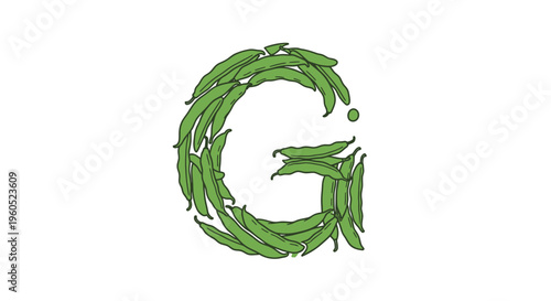 Vibrant green bean pods meticulously arranged to form the uppercase letter G on a clean white