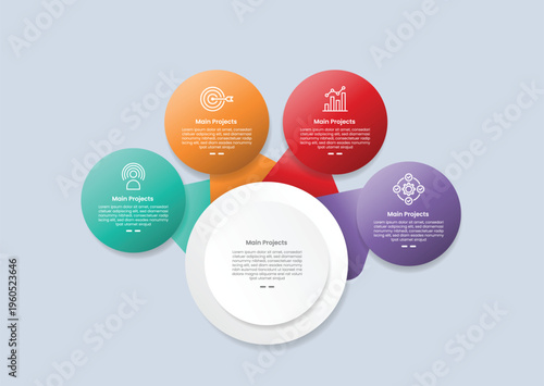 Circle base infographic with glossy gradient style with big circle center with small circle circular on top with triangle extension with four segment information