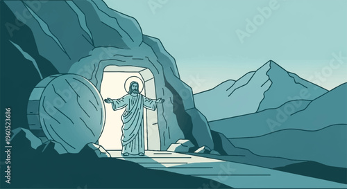 Resurrected figure emerges from ancient tomb entrance with rolled stone mountains in background symbolizing hope and renewal in a serene landscape